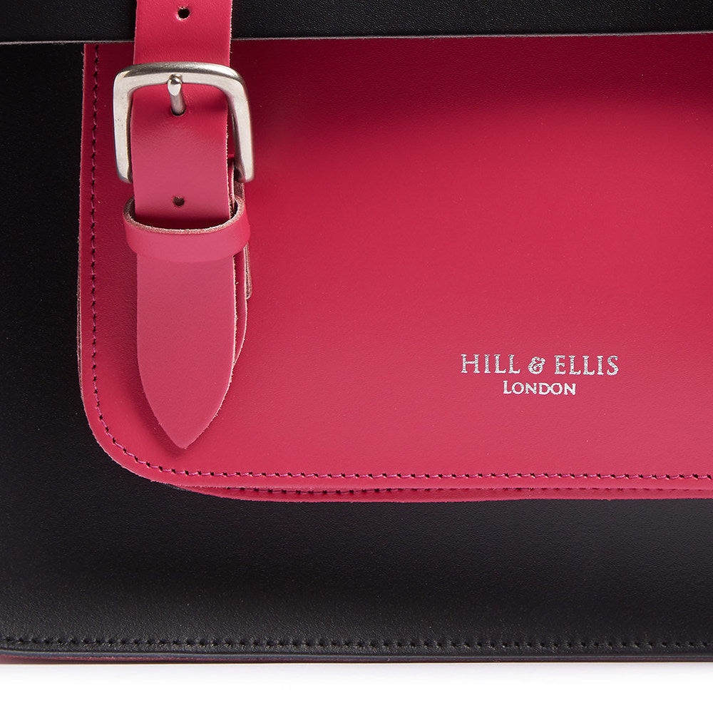 Pink and Black Leather Satchel Cycle Bag with detail of Hill & Ellis logo