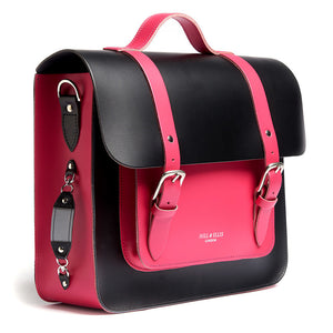 Pink and Black Leather Satchel Cycle Bag with reflective detail