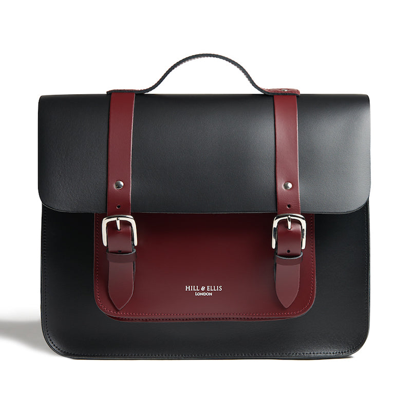 Black and Burgundy leather cycle satchel bag front