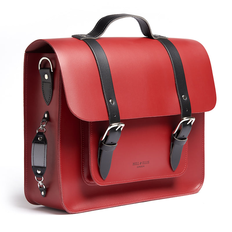 Red leather satchel cycle bag with reflective detailing