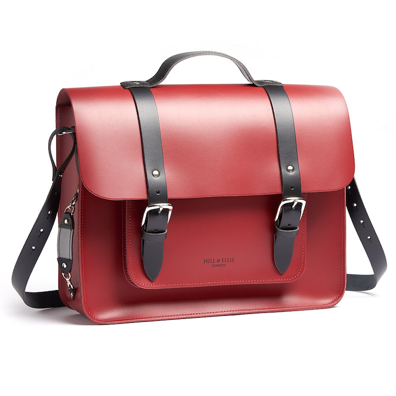 Red leather satchel cycle bag with shoulder strap