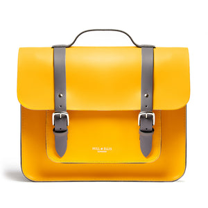Bright yellow leather satchel cycle bag front view