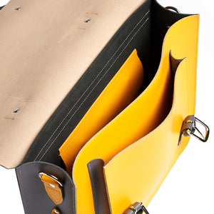 Inside detail of Yellow leather satchel cycle bag