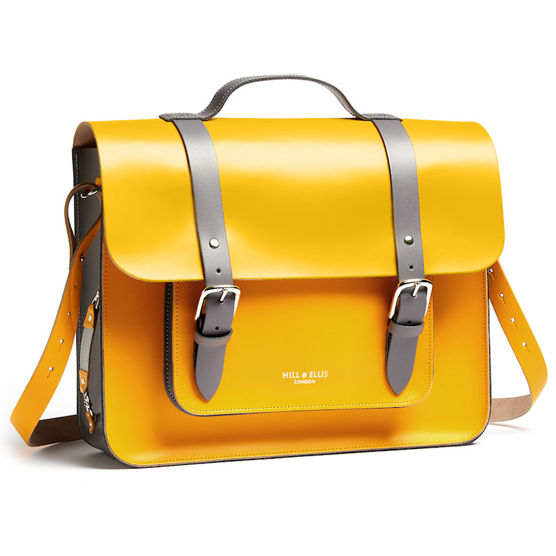 Yellow leather satchel cycle bag with shoulder strap
