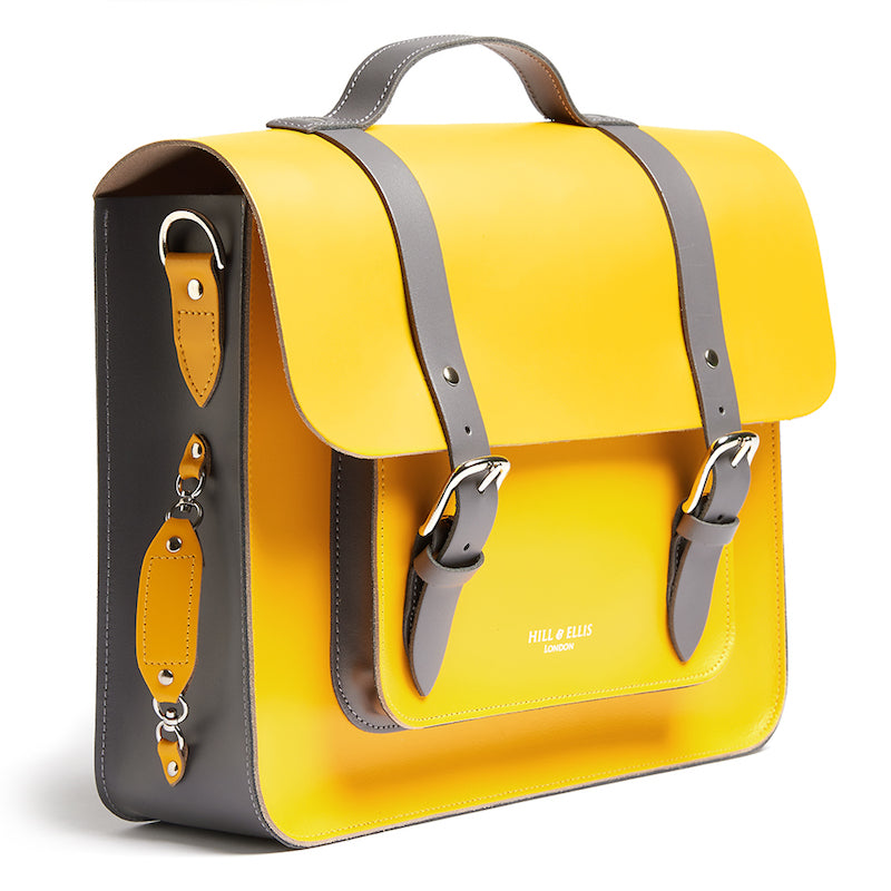 Bright yellow leather satchel cycle bag side view