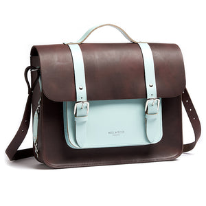 Brown and mint leather satchel cycle bag with shoulder strap