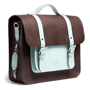 Brown and mint leather satchel cycle bag side detail