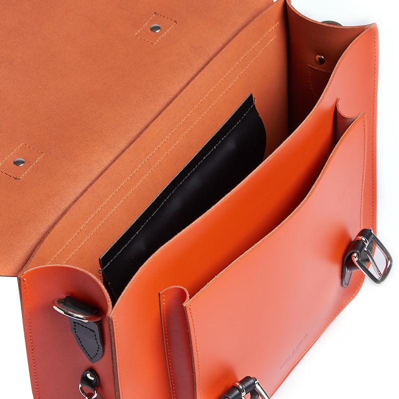 Orange leather satchel cycle bag inside detail