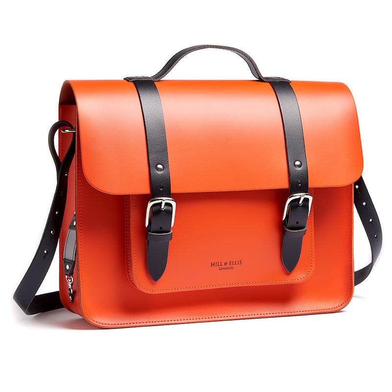 Orange leather satchel cycle bag with shoulder strap