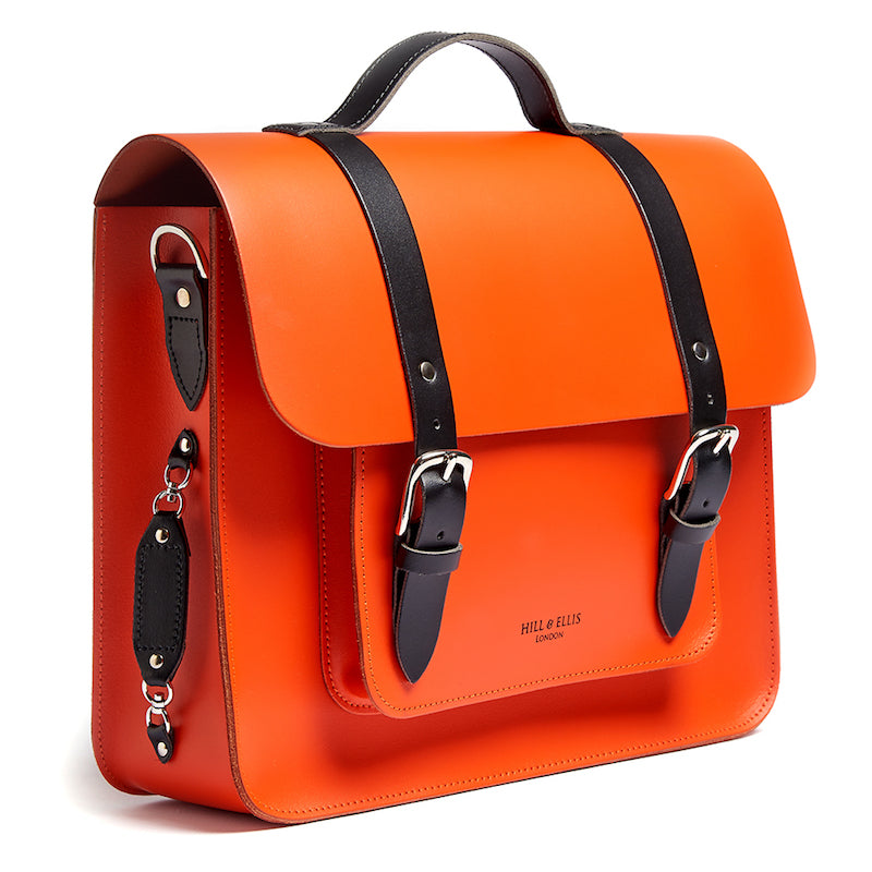 Orange leather satchel cycle bag side view