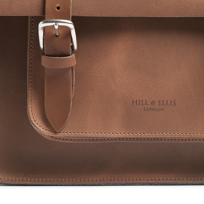 Tan leather satchel cycle bag detail