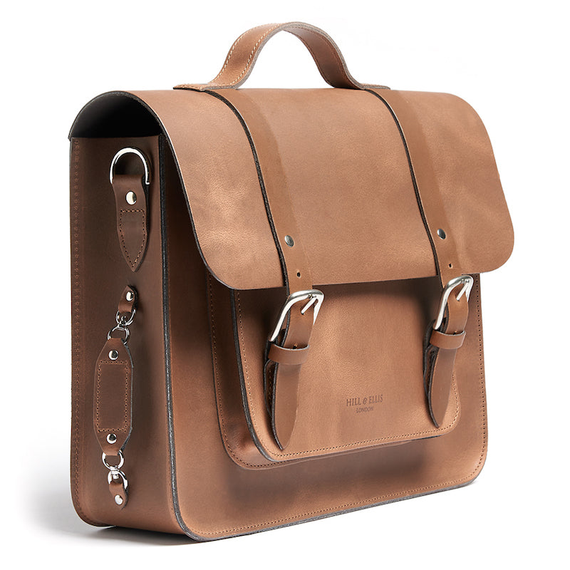 Tan leather satchel cycle bag side