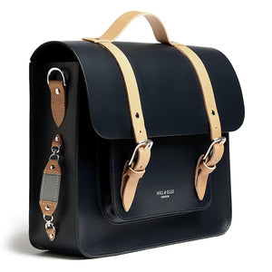 Navy and Tan leather satchel cycle bag with reflective detail