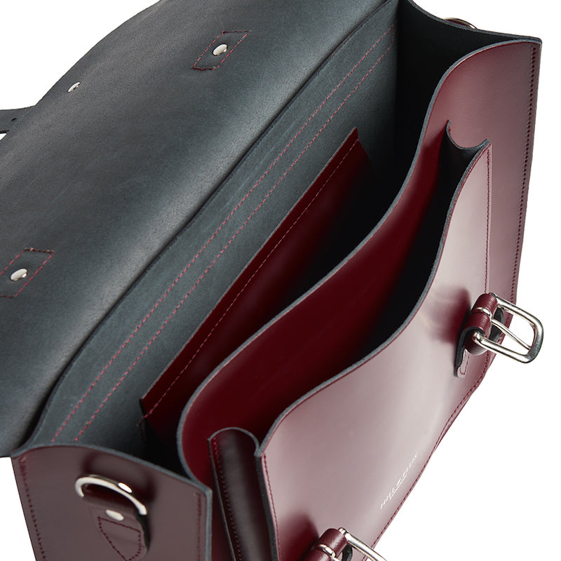 Burgundy leather satchel cycle bag inside
