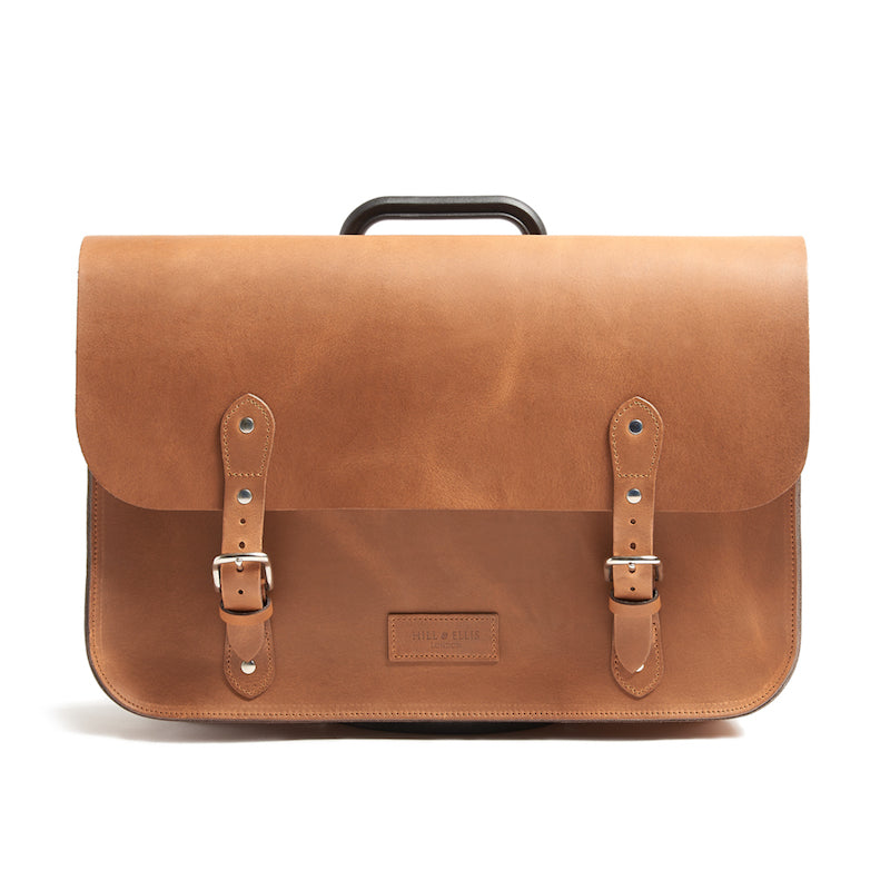 Tan leather brompton compatible cycle bag front