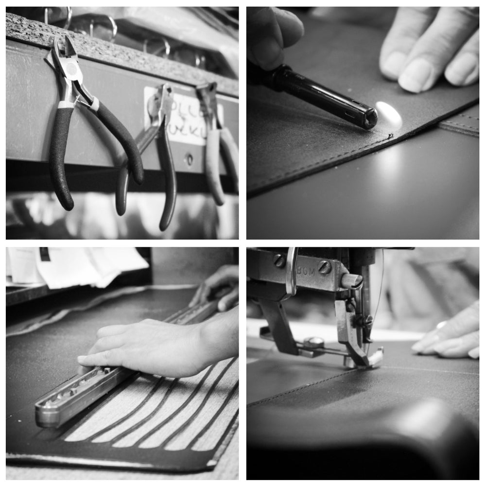 Images of leather bags being made in the workshop