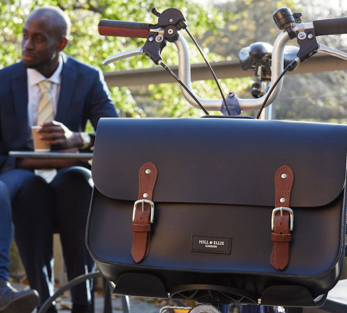 Navy leather british made cycle bag for brompton