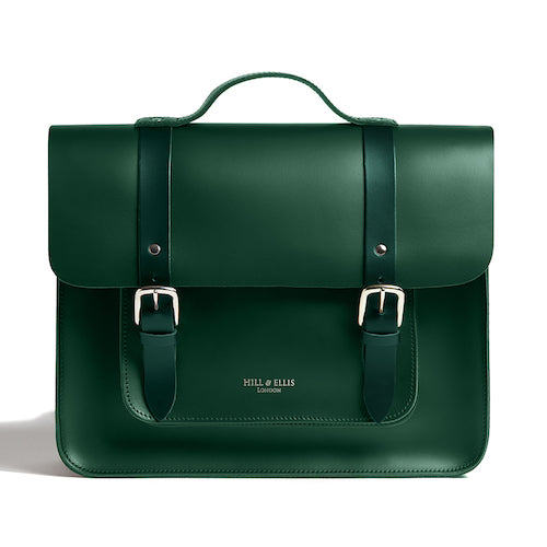 Green leather satchel cycle bag front view