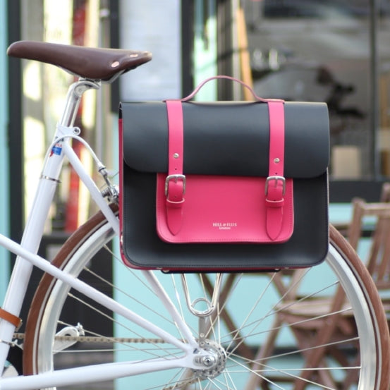 Pink and Black Leather Satchel Cycle Bag on bicycle