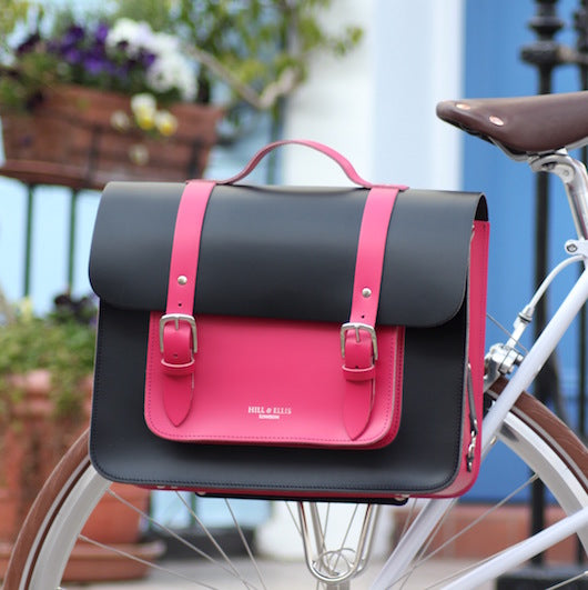 Pink and Black Leather Satchel Cycle Bag on bike