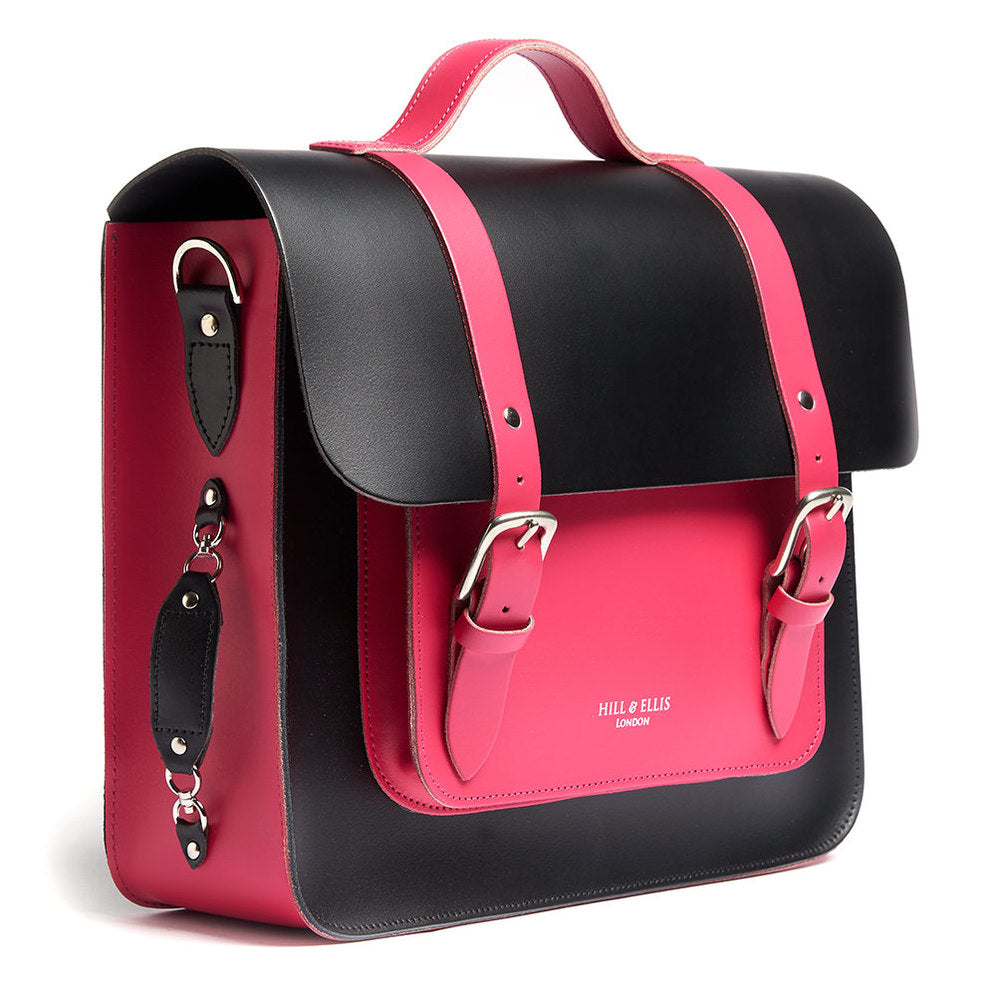 
            
                Load image into Gallery viewer, Pink and Black Leather Satchel Cycle Bag Side
            
        