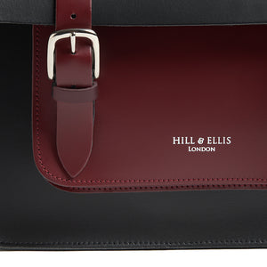 
            
                Load image into Gallery viewer, Black and Burgundy leather cycling satchel bag detail
            
        