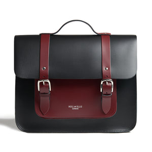 
            
                Load image into Gallery viewer, Black and Burgundy leather cycle satchel bag front
            
        