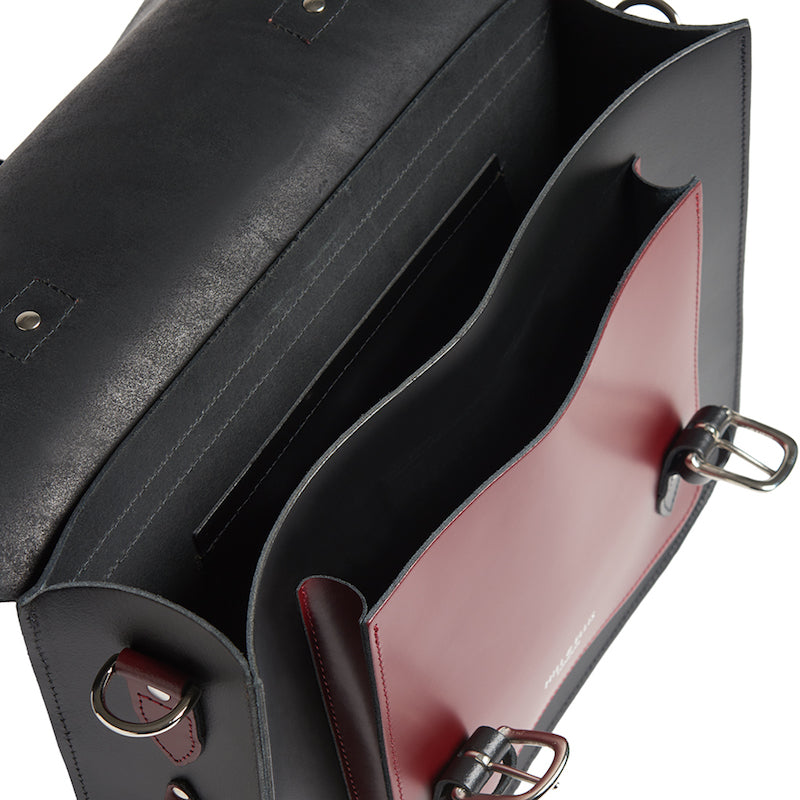 
            
                Load image into Gallery viewer, Black and Burgundy leather cycle satchel bag inside
            
        