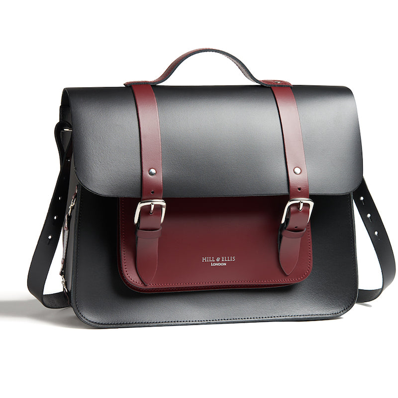 Black and Burgundy leather cycle satchel bag with shoulder strap