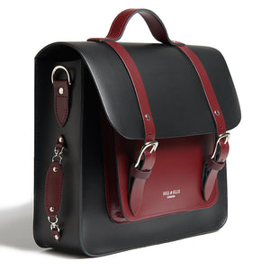 
            
                Load image into Gallery viewer, Black and Burgundy leather cycle satchel bag side
            
        