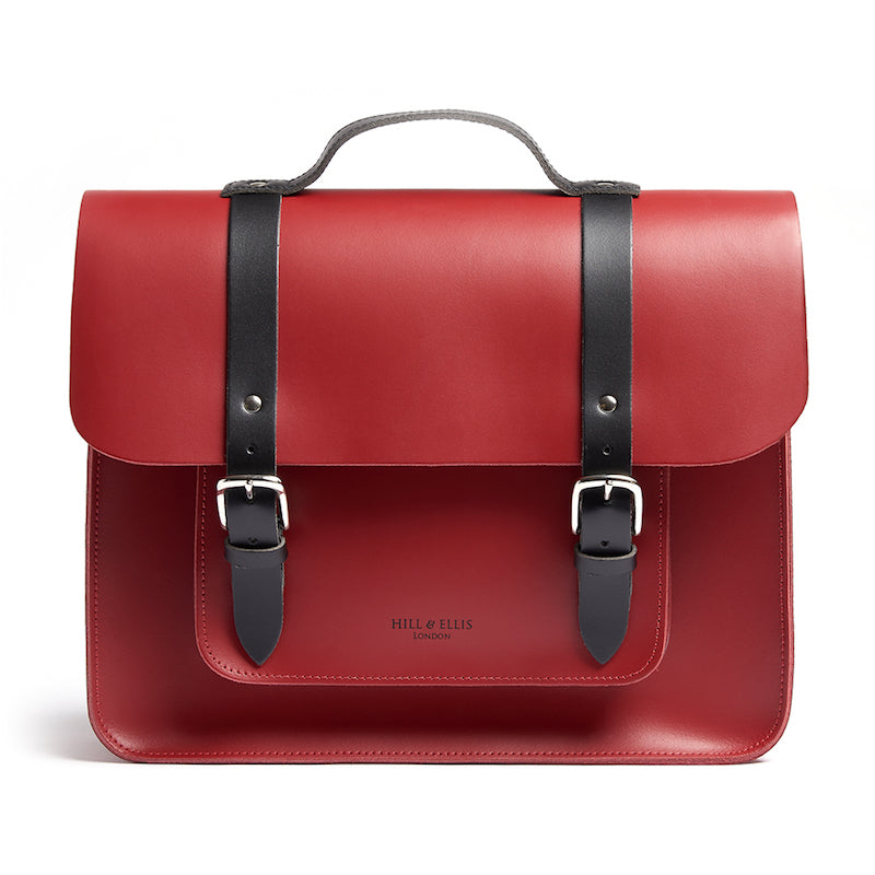 Red leather satchel cycle bag front view