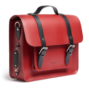 Red leather satchel cycle bag on the side