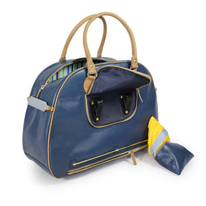 
            
                Load image into Gallery viewer, Blue and tan leather cycling bag with pannier hooks
            
        