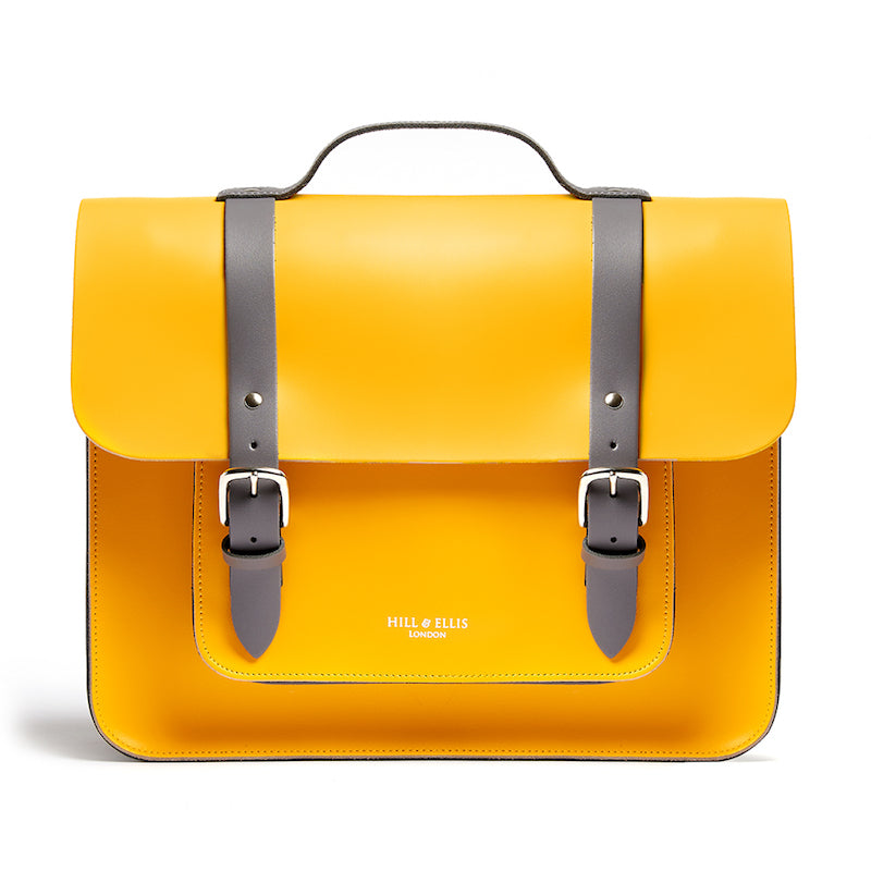 Bright yellow leather satchel cycle bag front view