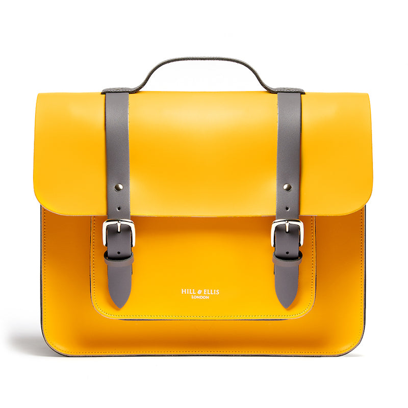
            
                Load image into Gallery viewer, Bright yellow leather satchel cycle bag front view
            
        