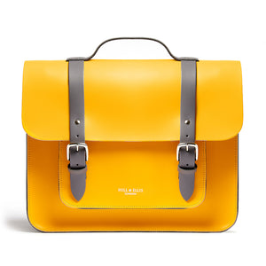 Bright yellow leather satchel cycle bag front view