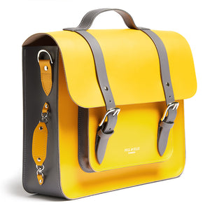 
            
                Load image into Gallery viewer, Bright yellow leather satchel cycle bag side view
            
        