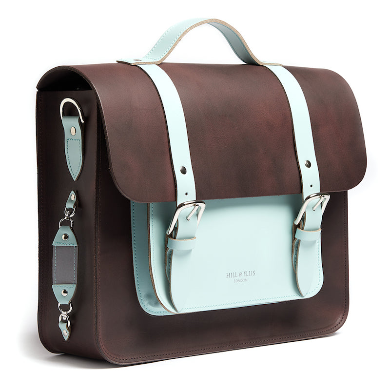 Brown and mint leather satchel cycle bag with reflective detailing