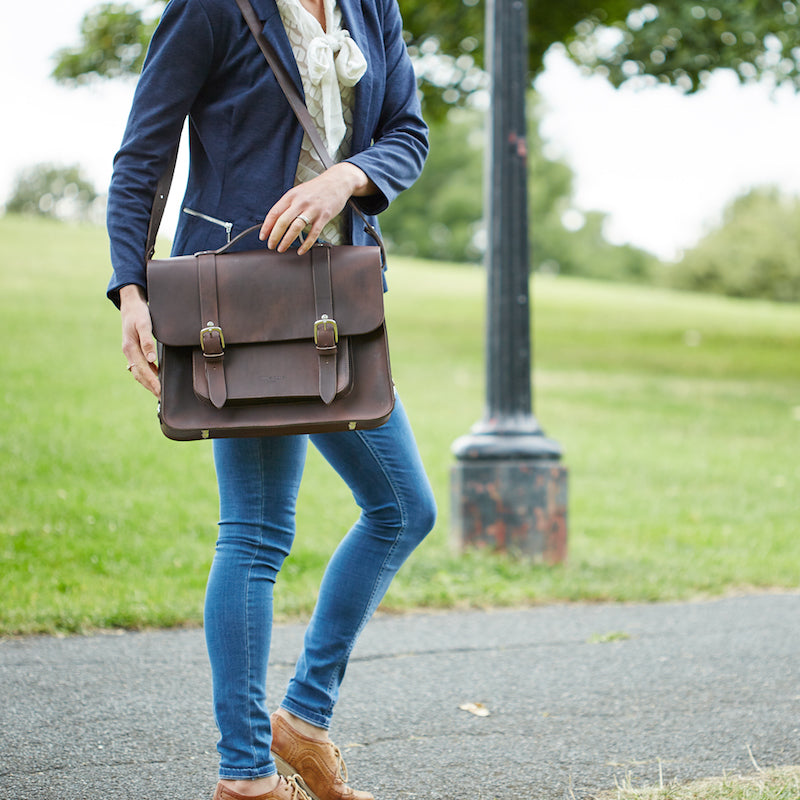 Hill and Ellis Freddie satchel cycle bag in brown on model