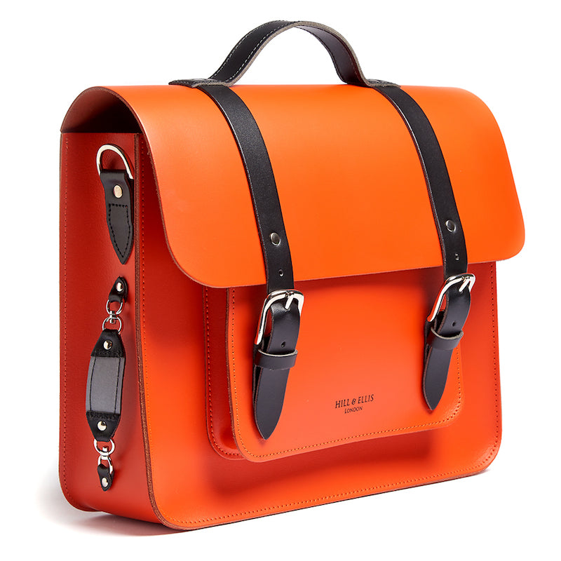 Orange leather satchel cycle bag with reflective detail