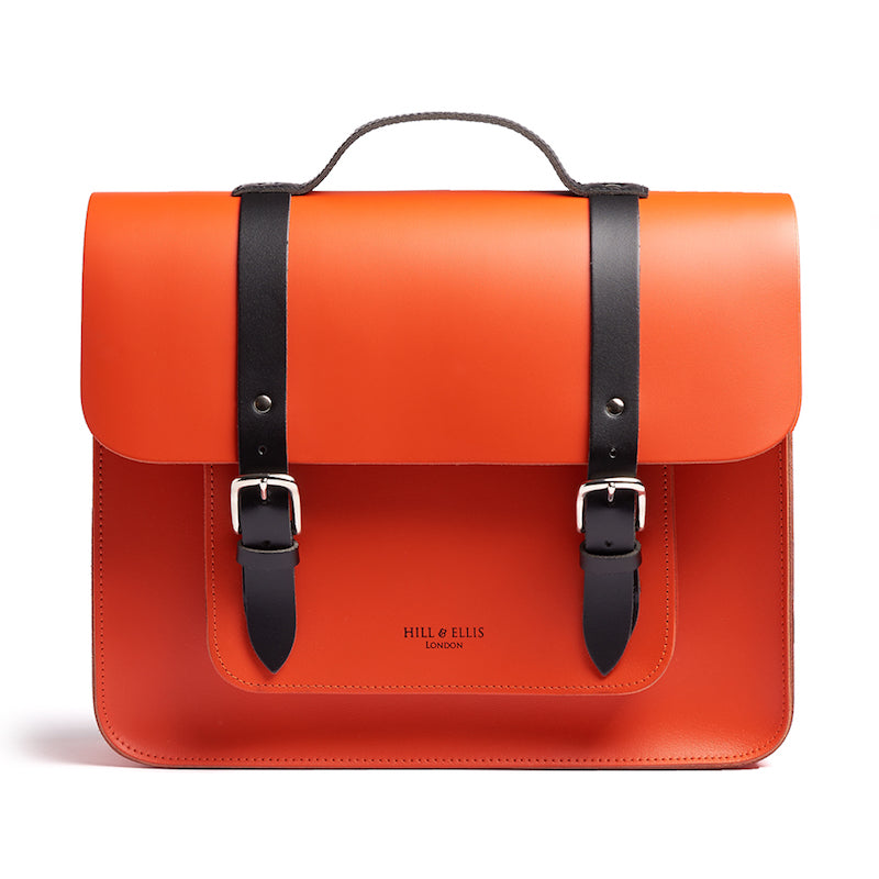 
            
                Load image into Gallery viewer, Orange leather satchel cycle bag front view
            
        