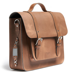 Tan leather satchel cycle bag with shoulder strap