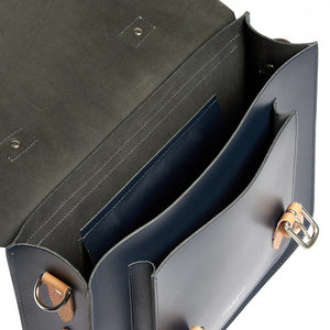 
            
                Load image into Gallery viewer, Navy and Tan leather satchel cycle bag detail of the inside
            
        
