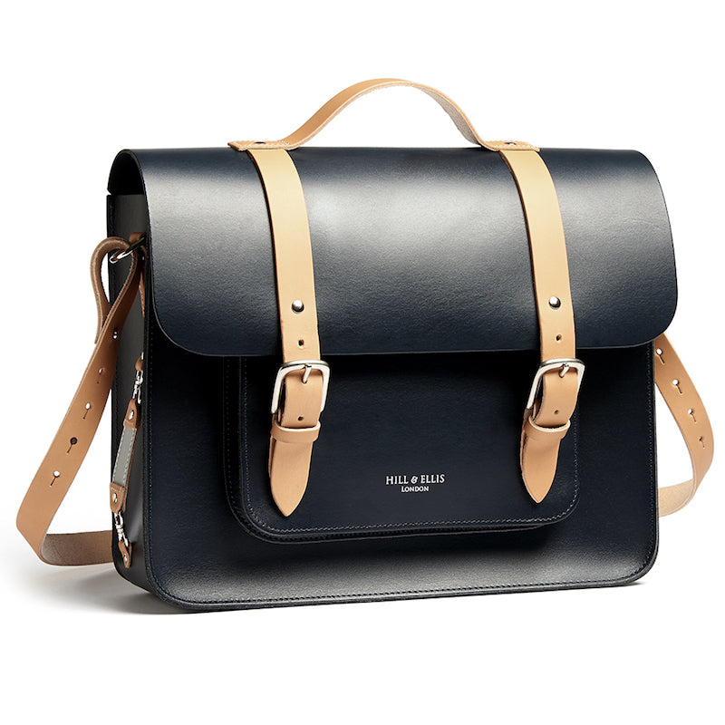 Navy and Tan leather satchel cycle bag with shoulder strap