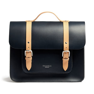 
            
                Load image into Gallery viewer, Navy and tan leather satchel cycle bag
            
        