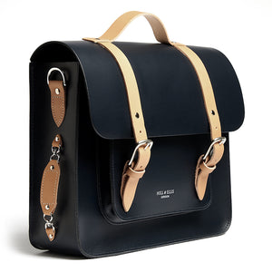 Navy and Tan leather satchel cycle bag side detail