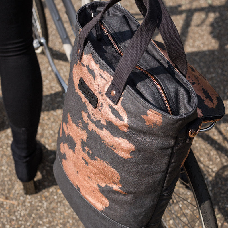 Rusty Copper print canvas cycling bag attached to bicycle
