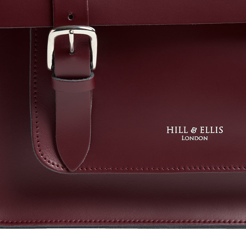 Burgundy leather satchel cycle bag detail