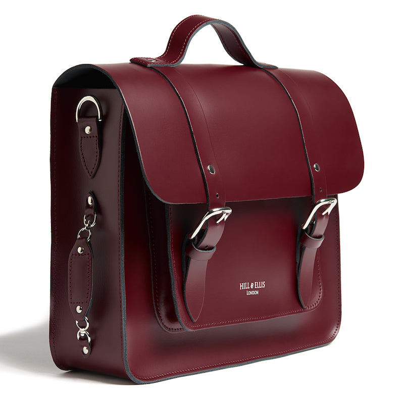 
            
                Load image into Gallery viewer, Burgundy leather satchel cycle bag side
            
        