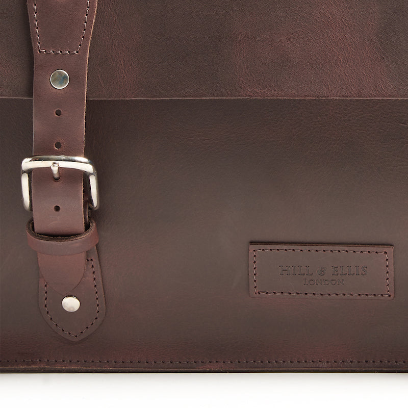 Brown leather brompton compatible cycle bag detail